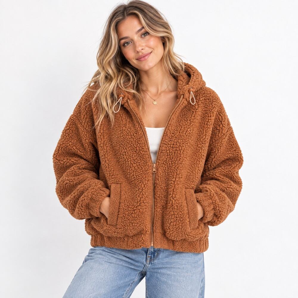 Aerie Burnt Orange Sherpa Hoodie zip up front with pockets Womens size small